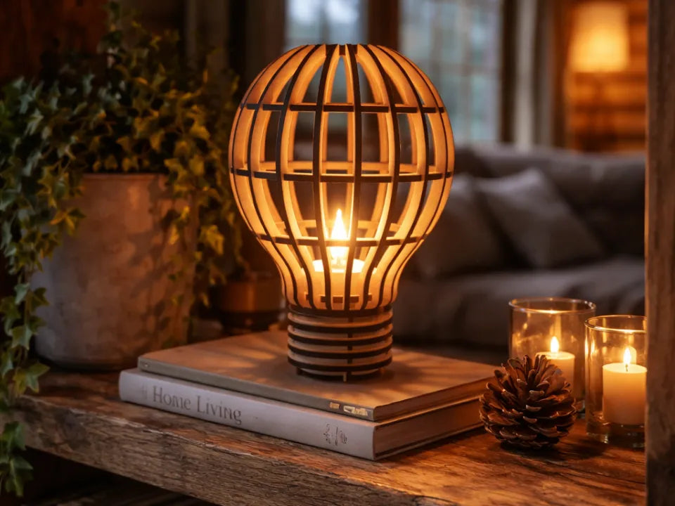 Wood Bulb Lamp – Trælampesculptur til hyggelig stemning (til LED fyrfadslys)